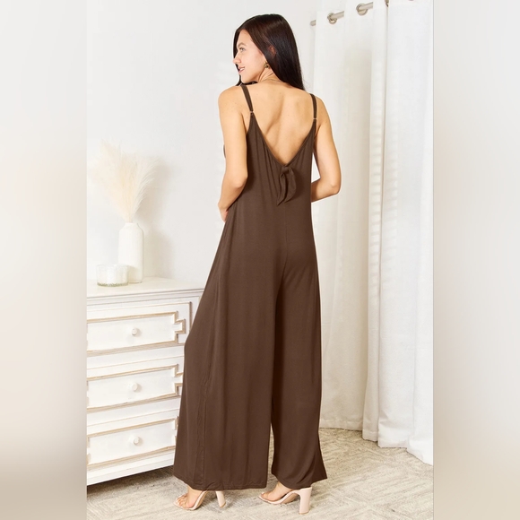 Double Take Full Size Soft Rayon Spaghetti Strap Tied Wide Leg Jumpsuit - Picture 4 of 5